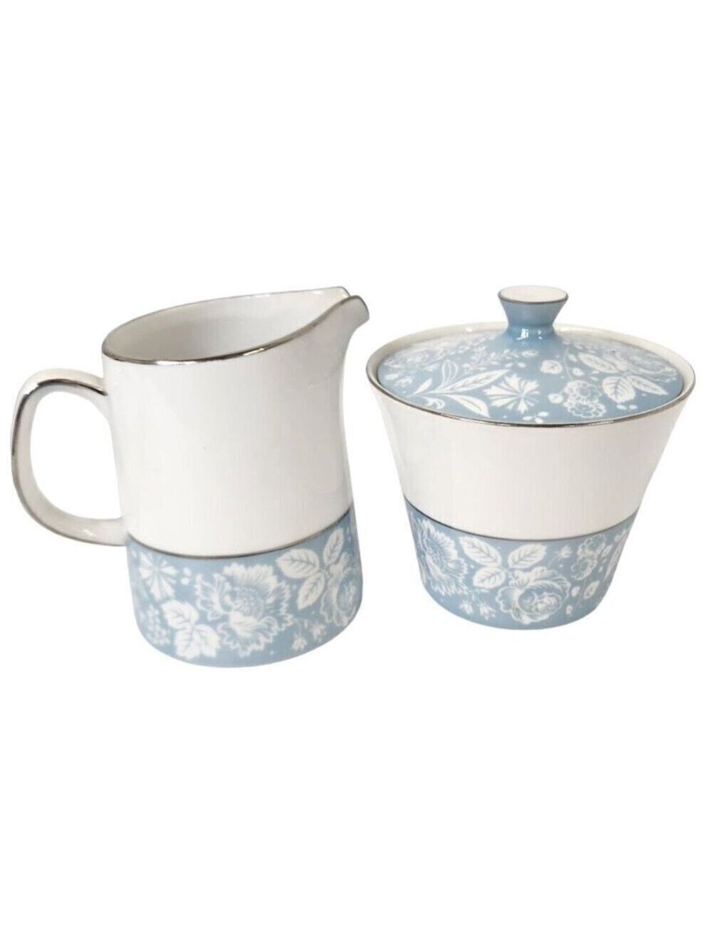 Style House Fine China Creamer and Sugar Bowl with Lid Blue Floral Pattern Damas